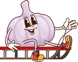 Groovy Christmas garlic vegetable character. Vegetarian food organic product, spice seasoning veggie childish groovy character. Garlic vegetable isolated cartoon funny Christmas personage on sledge
