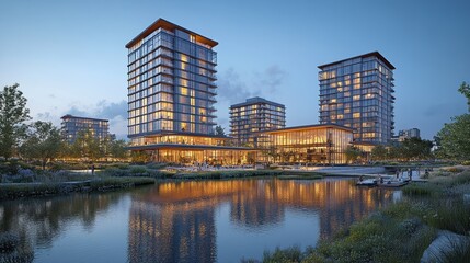 Obraz premium Modern Urban Complex with Water Feature