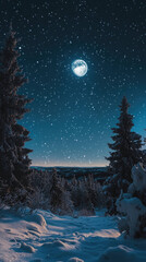Fototapeta premium magical night sky filled with stars and full moon illuminates serene winter landscape. Snow covered trees create tranquil atmosphere under celestial display