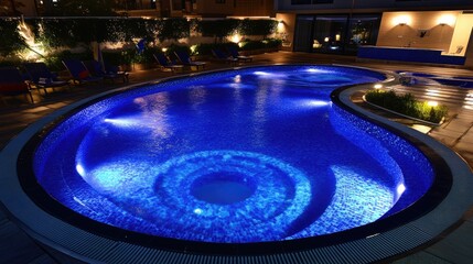 Serene Nighttime Outdoor Swimming Pool with Blue Lights