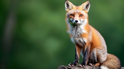 Fototapeta premium Stunning studio photograph capturing a fox sitting in a lush deep forest green environment highlighting the animal s sleek fur and piercing alert gaze in an advanced
