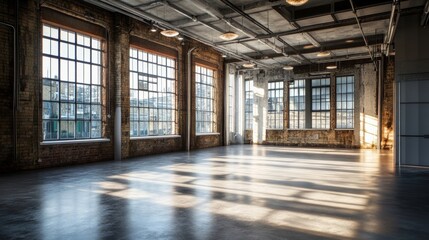 Spacious empty room with large windows letting in sunlight and creating beautiful shadows on the floor.