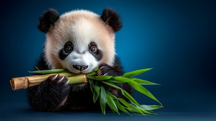 Panda Bear Eating Bamboo in Minimalist White and Black Studio Setting Ideal for Conservation Sustainability and Environmental Themes