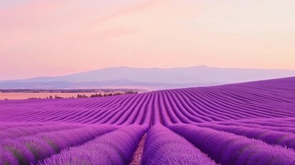 Rolling Lavender Fields in Bloom Under Soft Skies