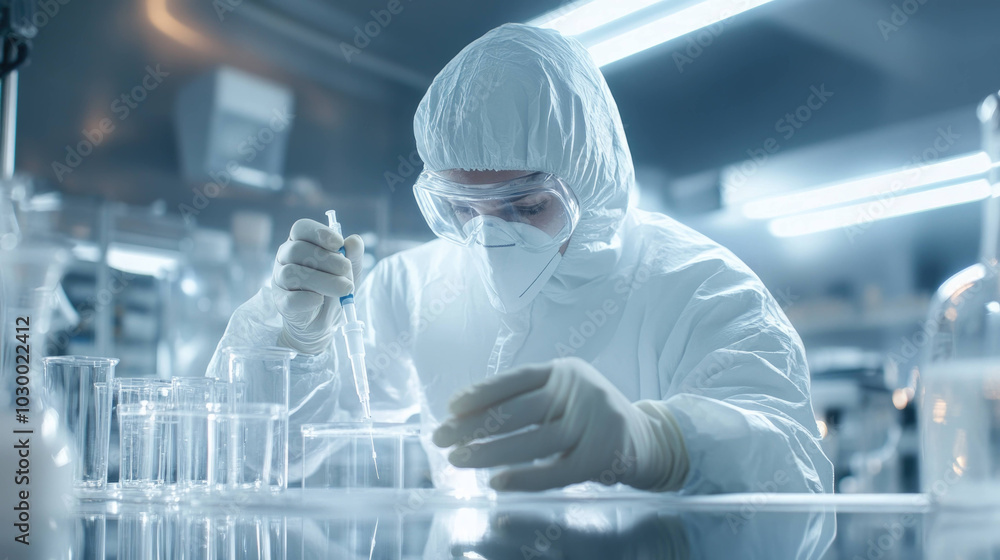 Poster scientist in full protective suit conducts research in laboratory, carefully handling samples with p