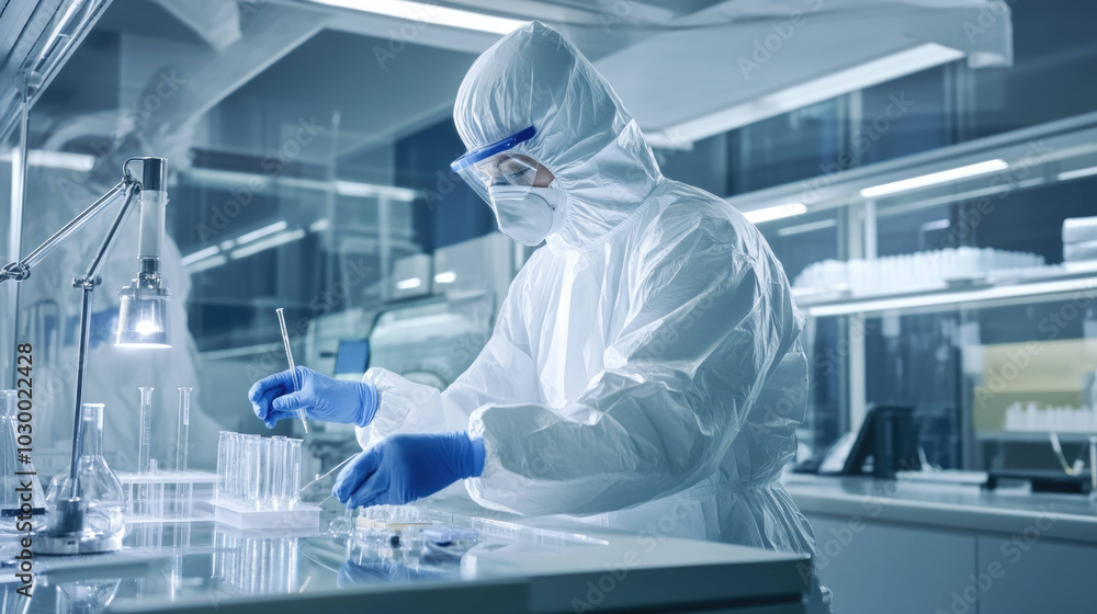 Poster scientist in full protective suit is meticulously conducting experiments in modern laboratory, showc