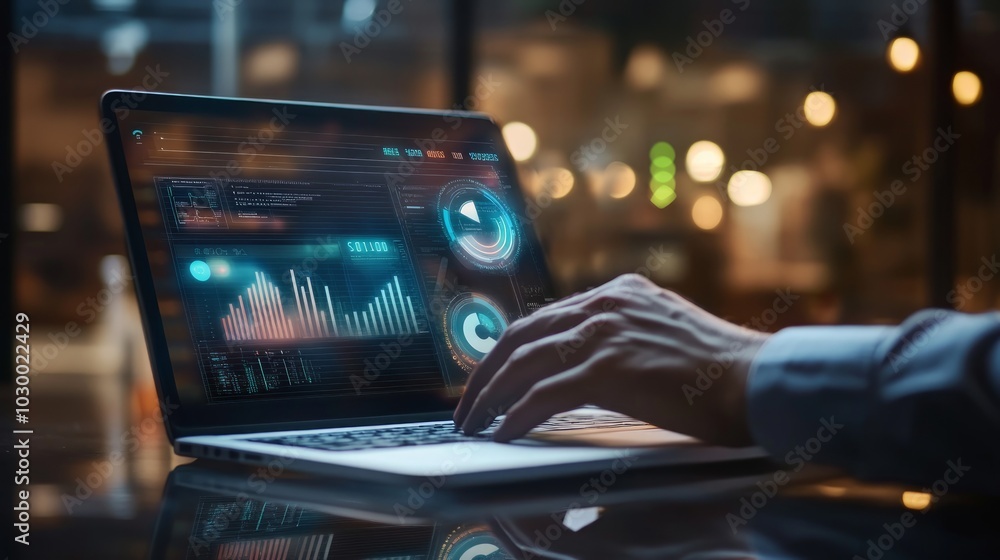 Poster a person's hands typing on a laptop with a digital dashboard display on the screen.