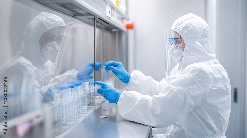 Poster scientist in protective suit carefully labels samples in laboratory, showcasing commitment to safety