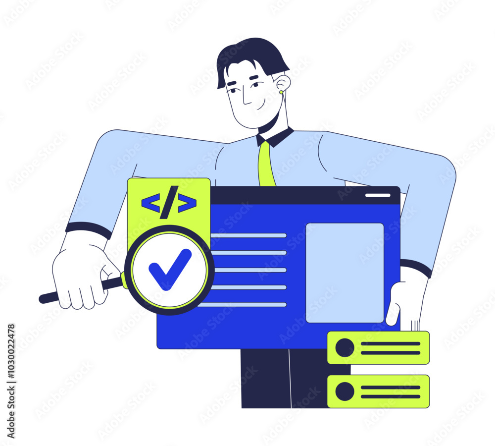 Poster tester searching bug in software 2d illustration concept. developer engineer holding magnifying glas