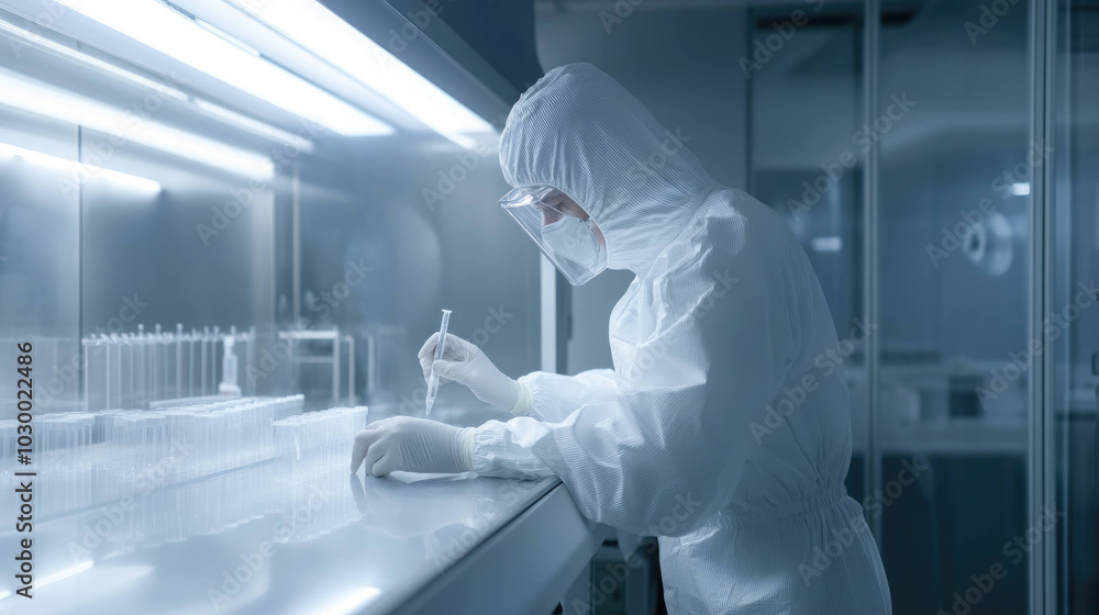 Poster scientist in protective suit meticulously labels samples in laboratory environment, showcasing preci