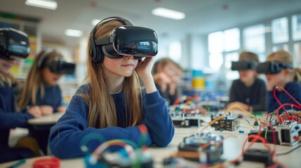 Students engaged in virtual reality learning activities with headsets and hands-on technology in a modern classroom.