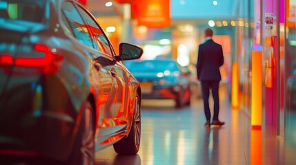 A sleek car stands out in a vibrant showroom, inviting attention as a man walks through colorful displays and reflections.