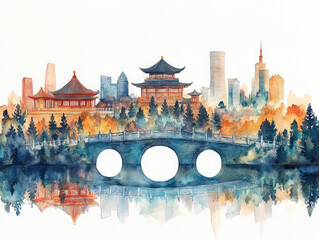 Obraz premium Colorful skyline of modern and traditional Chinese architecture