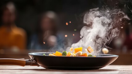 A vibrant frying pan showcases colorful vegetables sizzling and steaming, capturing the essence of cooking in a lively outdoor setting.
