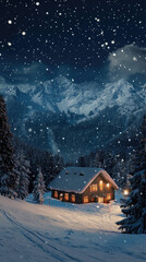 Naklejka premium serene snowy mountain landscape featuring cozy ski lodge surrounded by tall pine trees. scene is illuminated by warm lights, creating peaceful winter atmosphere