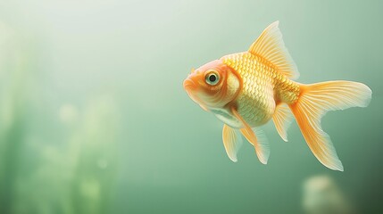 Fototapeta premium Golden Fish in a Watery World: A single, vibrant goldfish swims gracefully through a serene aquatic environment, its scales shimmering with golden hues.