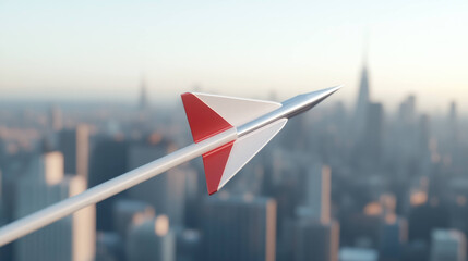 Naklejka premium stylized arrow flying towards target over city skyline, symbolizing ambition and direction. sleek design and urban backdrop evoke sense of determination and focus