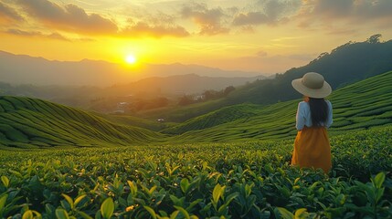 Fototapeta premium At sunset, an organic tea plantation sprawls beautifully against a natural backdrop.