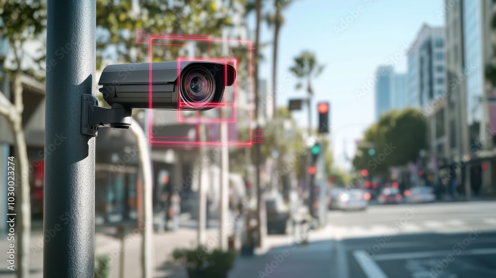 Leinwandbilder city surveillance camera with computer vision that recognizes objects and faces to identify threats 