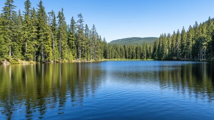 Serene Lake Surrounded by Towering Pine Trees