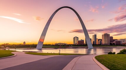 Photo of the Gateway Arch in St. Louis, Missouri with Red Hue, Park, and Mississippi River