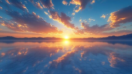 A wide desert panorama unveils a golden sunrise in this breathtaking landscape.