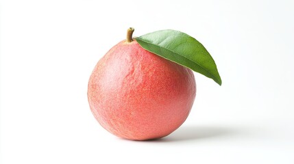 Isolated on a pristine white backdrop, a vibrant guava fruit beckons with its luscious pink flesh. Its verdant leaf provides a subtle contrast, highlighting the fruit's natural beauty