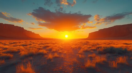A wide desert panorama unveils a golden sunrise in this breathtaking landscape.