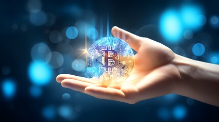 Hand with digital bitcoin on blue business background