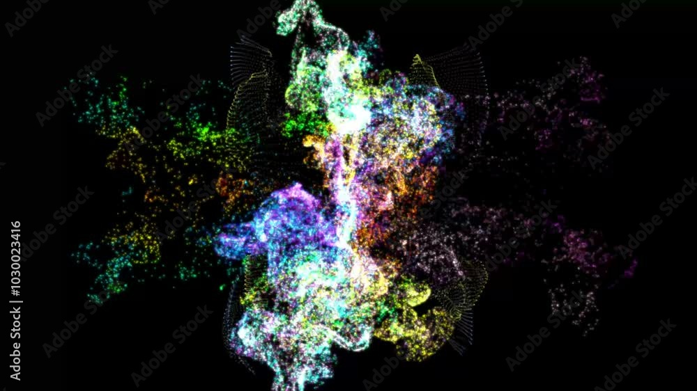 Poster abstract fluid collision multicolor animation on a black background. blue and purple particles blend