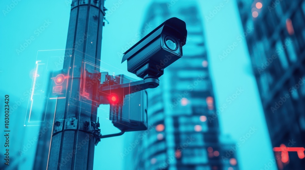 Fototapete city surveillance camera with computer vision that recognizes objects and faces to identify threats 