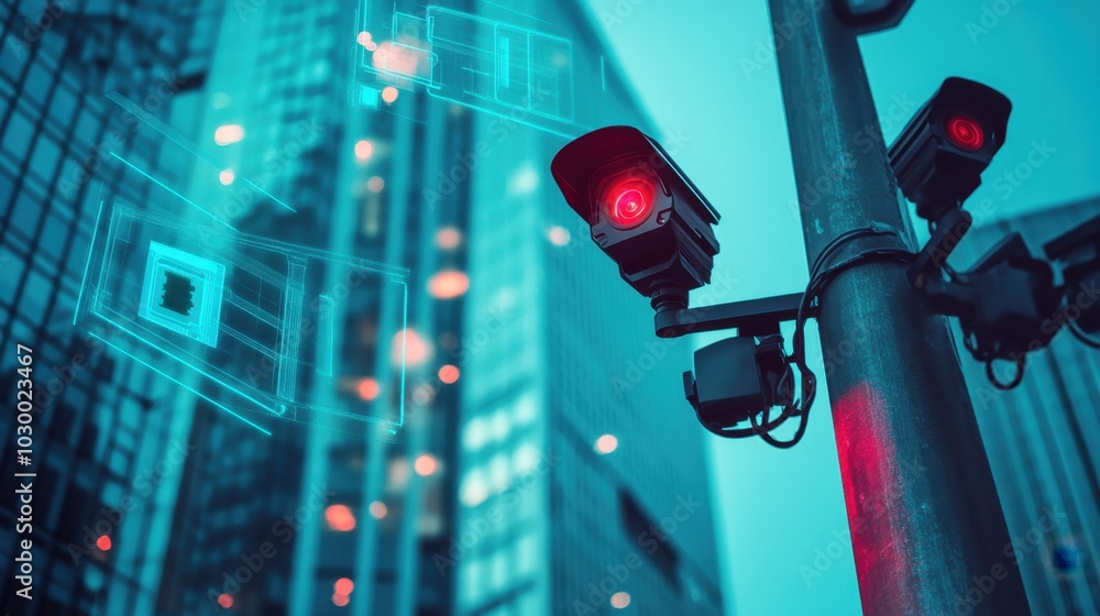 Leinwandbilder City surveillance camera with computer vision that recognizes objects and faces to identify threats and intelligent traffic control