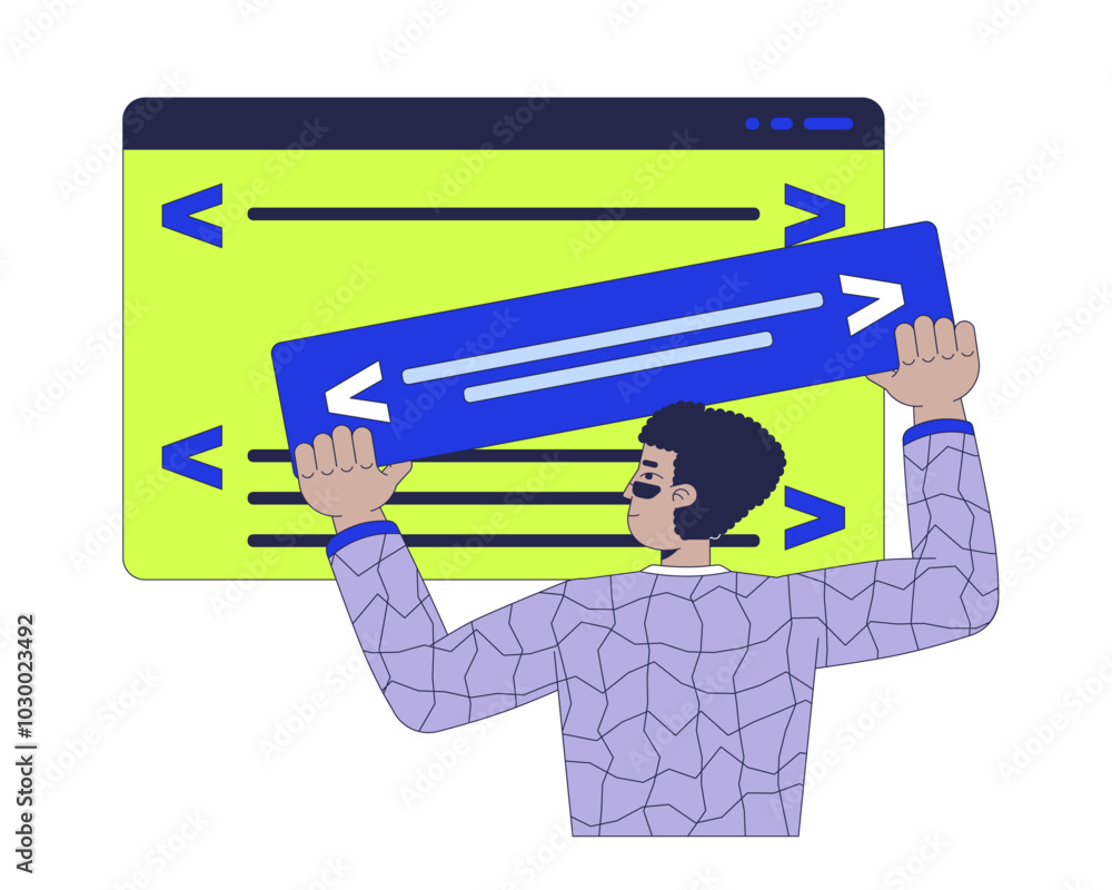 Poster website builder 2d illustration concept. backend web developer hispanic man programmer cartoon chara