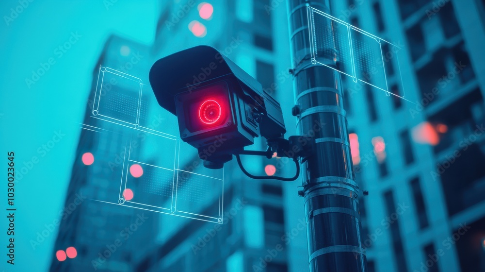 Fototapete City surveillance camera with computer vision that recognizes objects and faces to identify threats and intelligent traffic control