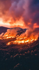 Fototapeta premium Aerial perspective of raging forest fire with bright flames and thick smoke engulfing landscape, creating dramatic and intense scene