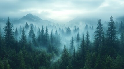 Naklejka premium A misty, foggy morning envelops a fir forest in this atmospheric landscape.