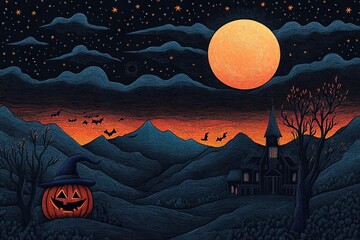 Halloween Night Landscape with Pumpkin and Full Moon &ndash; Spooky Dark Illustration