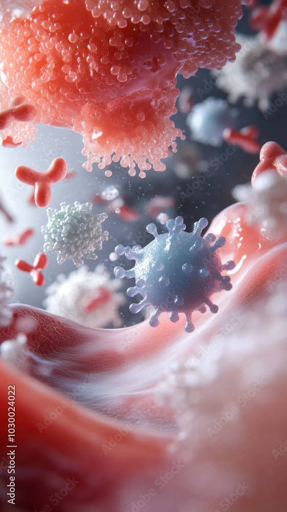 Poster artistic macro image of blood showcasing antibodies and viruses, illustrating complex interactions w