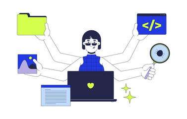 Full stack developer job 2D illustration concept. Frontend and backend engineer woman with multi hands cartoon character isolated on white. Coder programmer metaphor abstract flat vector graphic