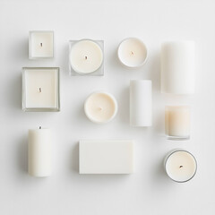 Assortment of white candles in various shapes and sizes, creating serene and calming atmosphere. Perfect for home decor or relaxation
