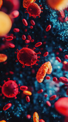 Artistic macro image of blood cells and antibodies, showcasing vibrant colors and intricate details of microscopic world. dynamic composition evokes sense of movement and life