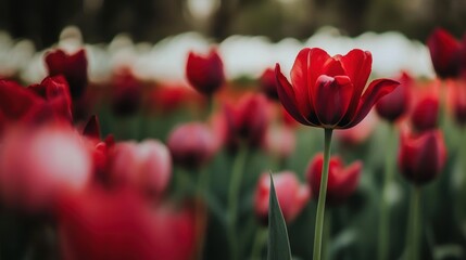 Obraz premium Bright Red Tulip Standing Out in Vibrant Field