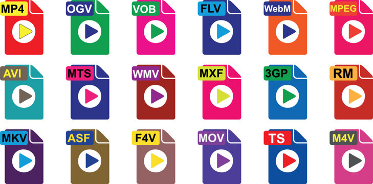 Video file formats icons with colorful designs. Image highlights popular video file types such as MP4, AVI, FLV, MKV, and more. Perfect for digital media, technology, or video related projects