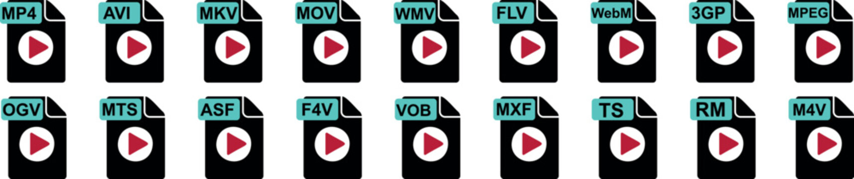 Video format icons collection featuring file types like MP4, AVI, MKV, MOV, and others. Perfect for representing media file formats in design projects, websites, or educational purposes