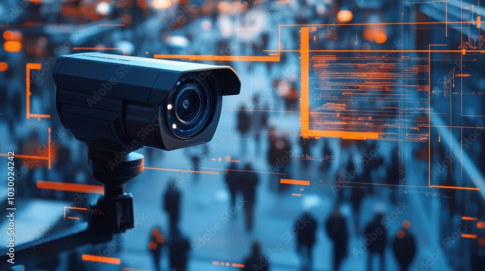 Fototapete City surveillance camera with computer vision that recognizes objects and faces to identify threats and intelligent traffic control