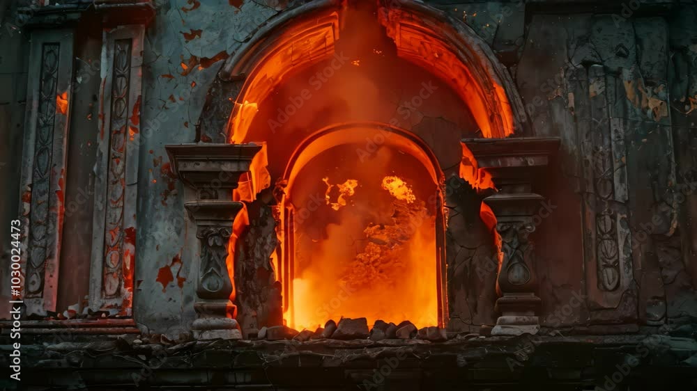 Poster the intricate carvings of an ancient structure are highlighted by the warm glow of flames, the glow 