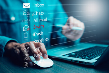 Email concept with laptop spam and virus computer monitor internet security concept, businessman reading electronic mail with a laptop. Spam, junk and e-marketing on screen, Spam Email Pop-up Warning.