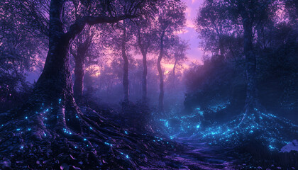 Fototapeta premium A dense forest at twilight, with tree roots and branches glowing faintly with a bioluminescent light