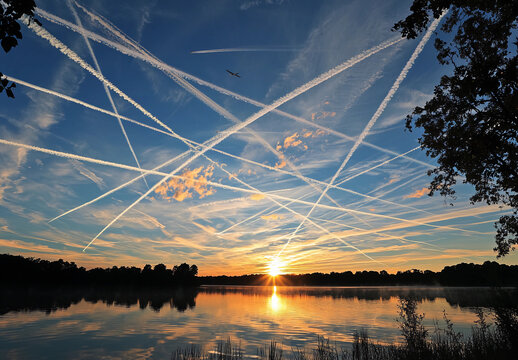  Sunrise over a lake with a scattered grid of airplane contrails in the sky, a real photograph