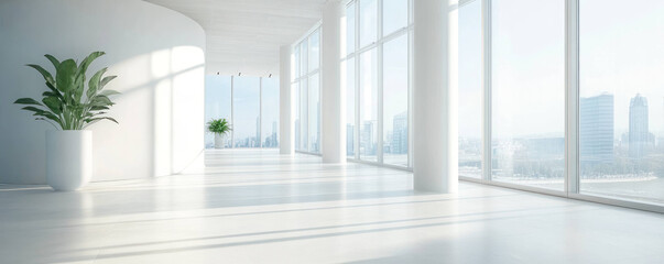 Fototapeta premium Bright office environment with large windows, white walls, and modern plants creating serene atmosphere. natural light enhances spacious feel of area